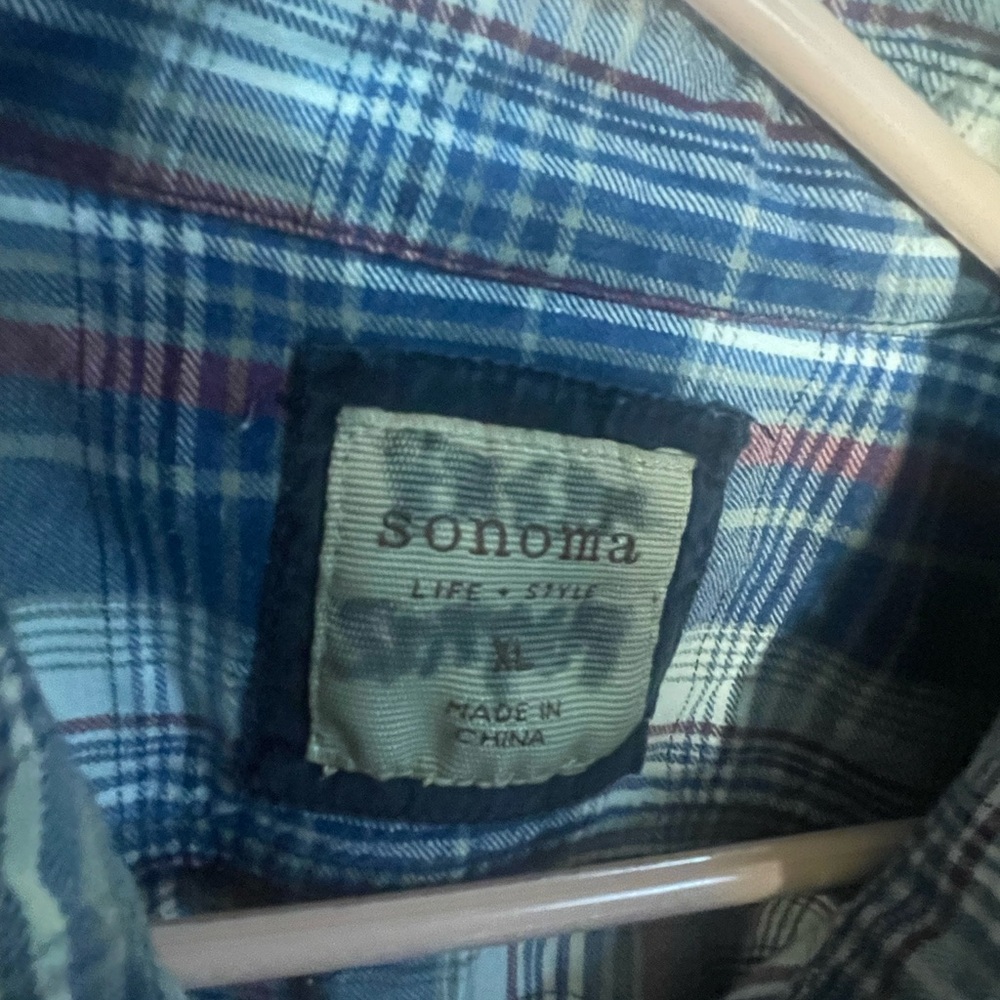 Sonoma Life + Style Blue, white and Red Plaid men’s long sleeved shirt.